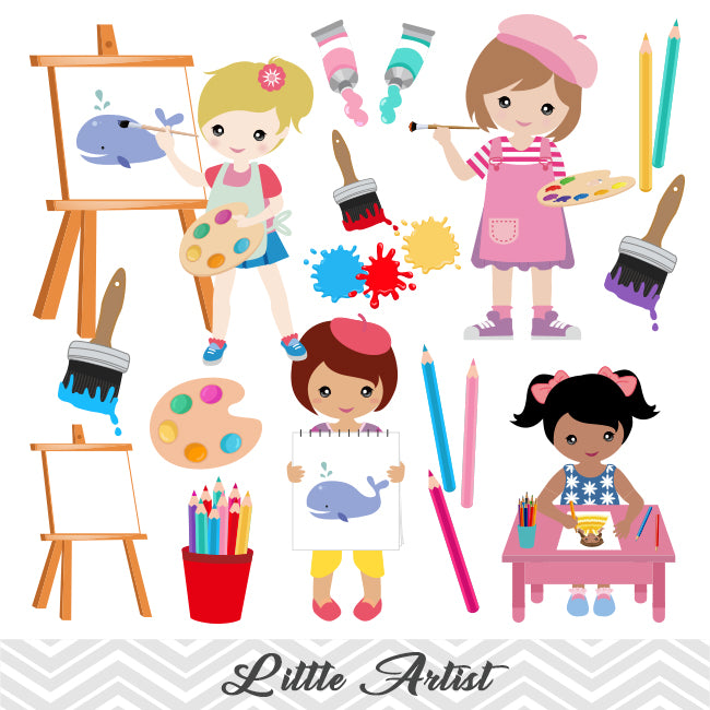 Little Artist Clip Art, Girls Art Party Clipart, Painting Party
